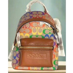 Coach Charter Backpack 18 Small Rainbow Signature Canvas Brown Leather Unisex